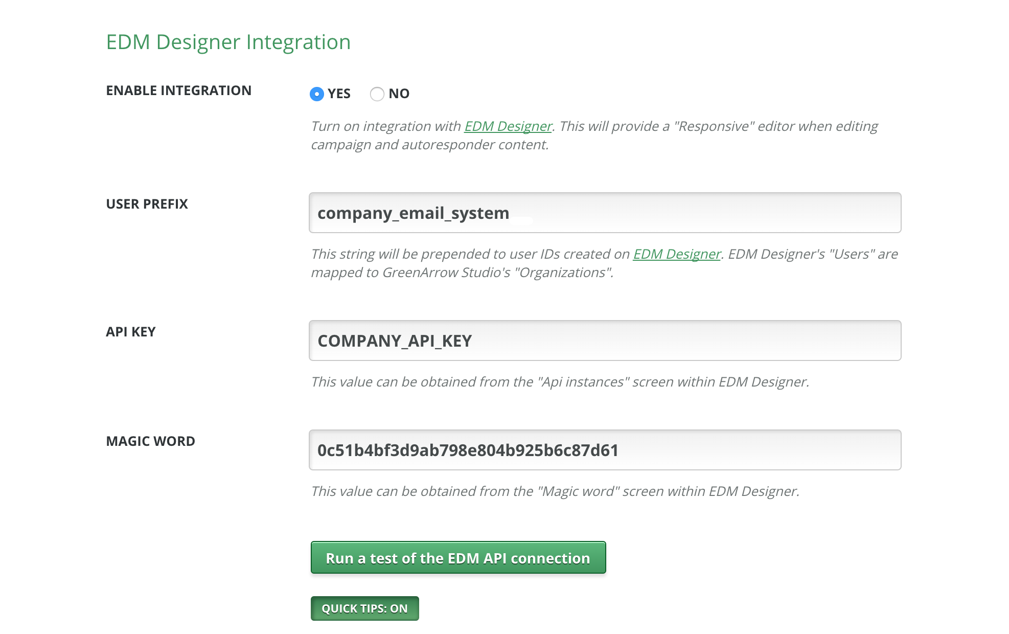 EDM Designer Integration settings in System Configuration